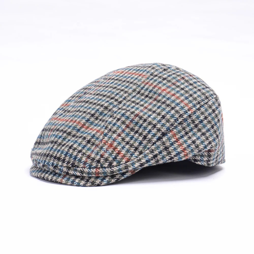 Classic Houndstooth Newsboy Cap for Men Women Autumn Winter Plaid Woollen Flat Cap Vintage Ivy Hat Irish Outdoor Cabbie Beret