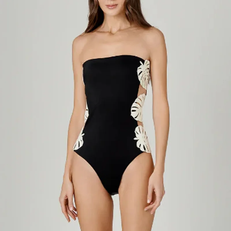 

3D Leaf Hollow out Mesh One Piece and Skirt Swimwear Set Women Vacation Beachwear