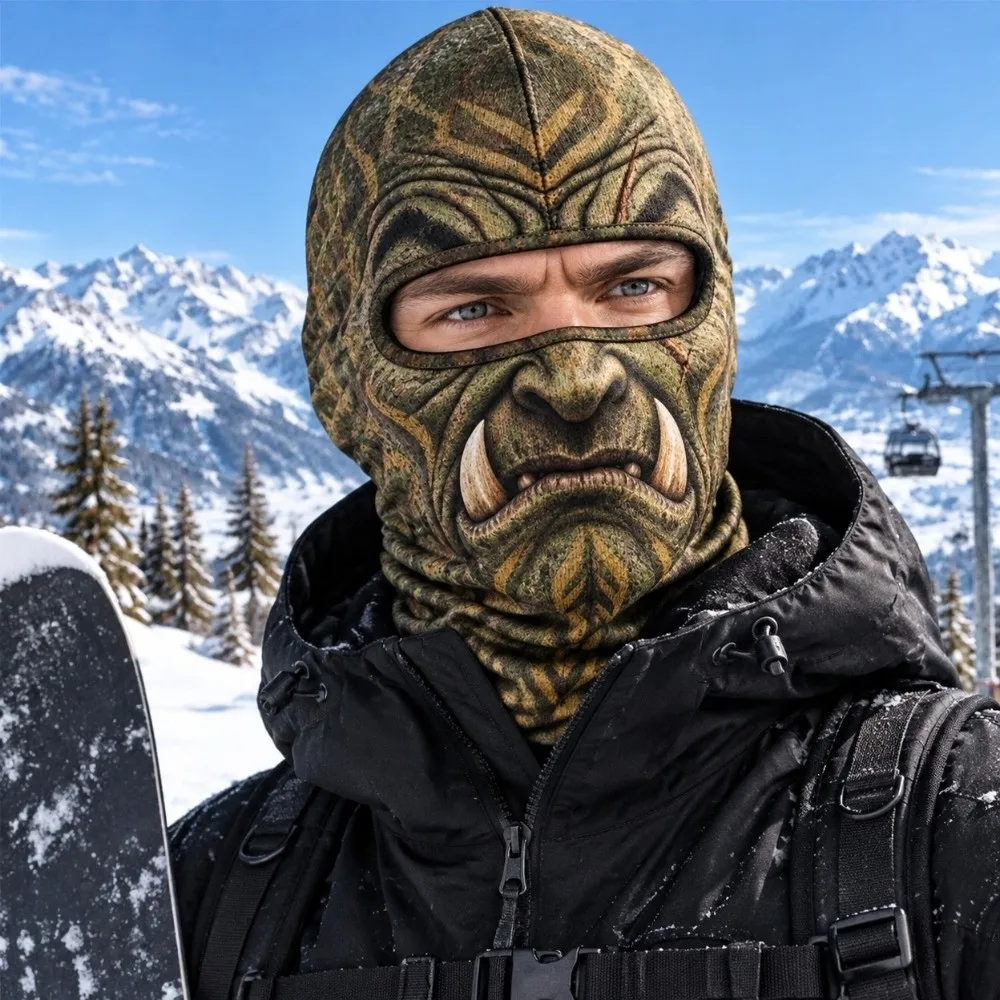 3D Printed Skull Demon Print Funny Ski Mask Full Coverage Quick Dry Ski Mask Hood Windproof Breathable Eye Hole Novelty Headwear