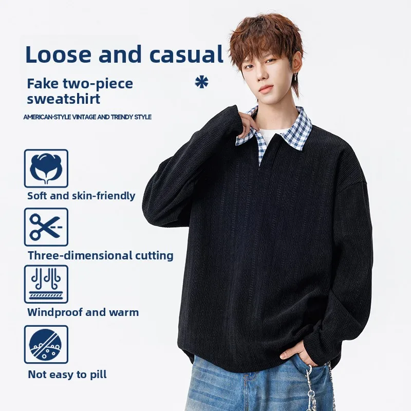 

Ретро-американский корейский мужской повседневный свитшот с длинным рукавом и воротником, в стиле пэчворк, свободного кроя, модная верхняя одежда, весна 2026