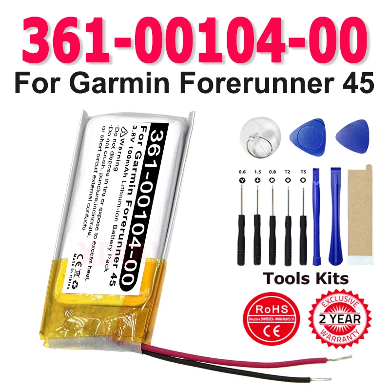 

New Replacement 361-00104-00 Smart watch Battery For Garmin Forerunner 45 100mAh High Capacity Batterie + Free Tools