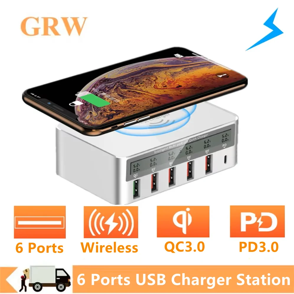 

GRWIBEOU 50W Quick Charge 3.0 USB Charger Fast Charging Station PD Charger for iPhone 16 Tablet Phone QI Wireless Charger Hub