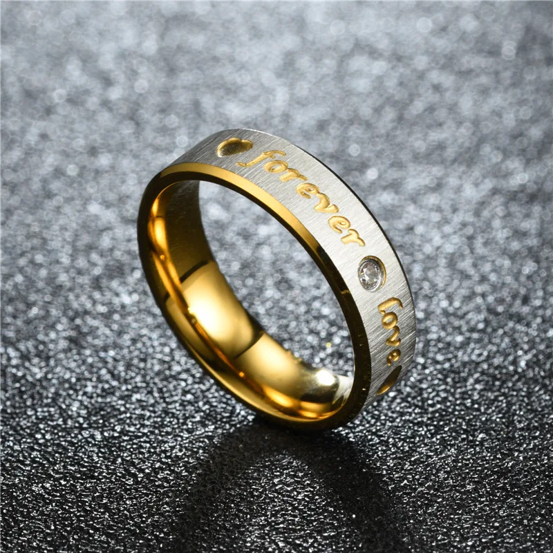 Anillo de Moda Unisex con Detalles de Diamantes y Letras, Anillo de Boda de Acero Inoxidable para Parejas, Tallas 6-12, Joyería