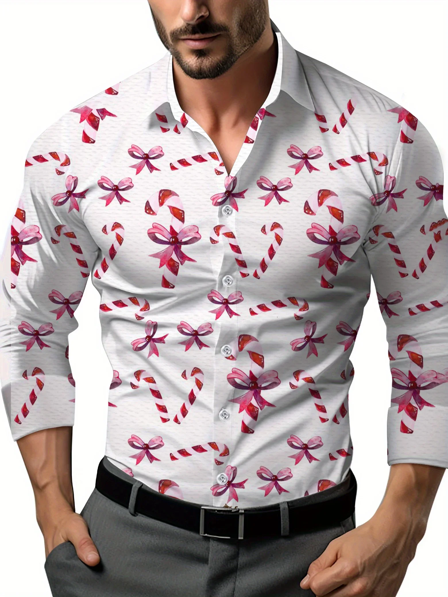 New Men's Spring Autumn Trend Fashion Shirt For Christmas Party Carnival Casual Digital Print Lapel Polo Shirt Long Sleeve Shirt