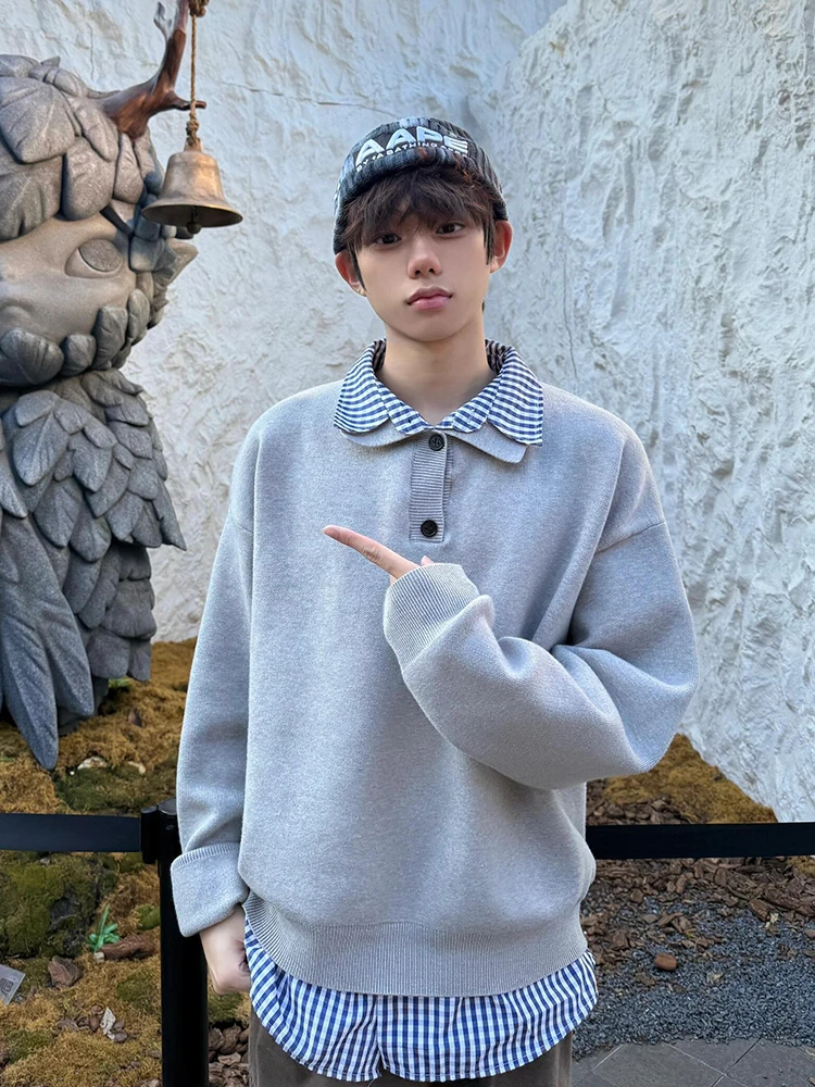 

American College Sle Plaid irt Patchwork Sweater Men's Autumn High-End Knittedwear Loose Fit Fake Two-Piece