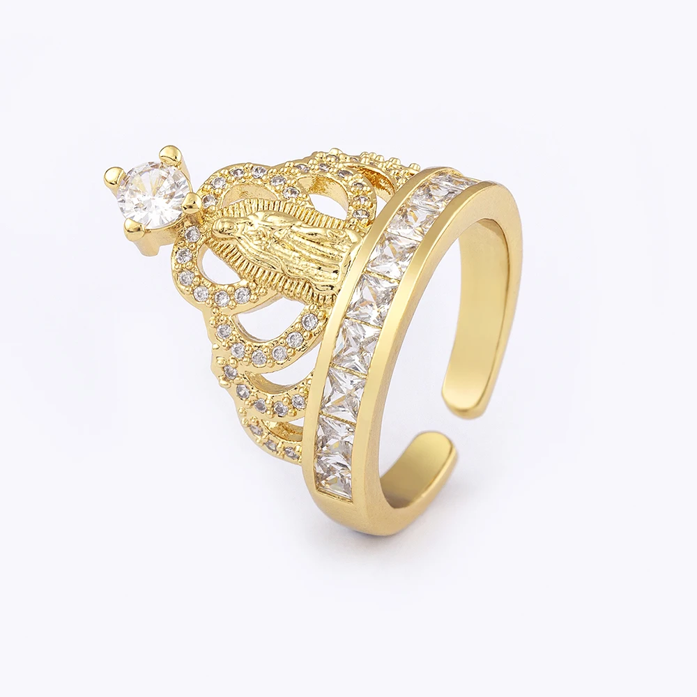 Nidin Classic Gold Plated Zircon Virgin Mary Crown Open Ring Religious Adjustable Luxury Top Quality Femme Party Accessories