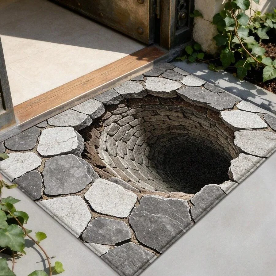 VIKAMA 3D Stone Hole Trap Illusion Cracked Pavement Art Flannel Door Mat Non Slip Entryway Bedroom Living Room Home Decor Unique
