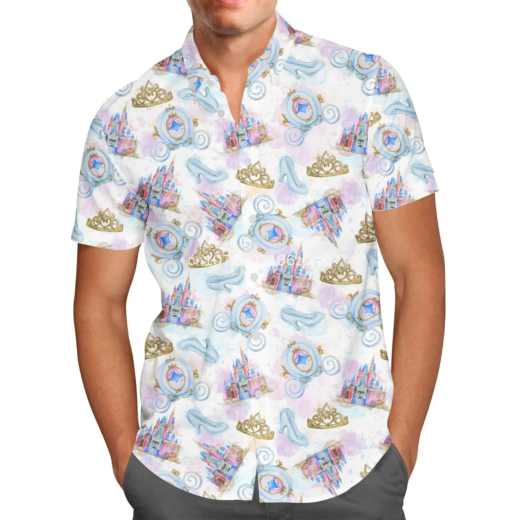 Camisa havaiana Disney Princess para homens e mulheres, camisa de praia de manga curta, Cinderela, crianças