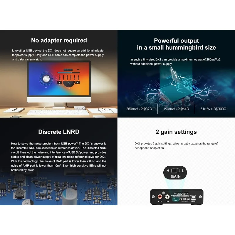 DX1 Mini Stereo DAC Headphone Amplifier Combo - 280MW X2 Output Kuat Dua Tahap GAIN Switch USB Dikenakan Biaya Diskrit LN