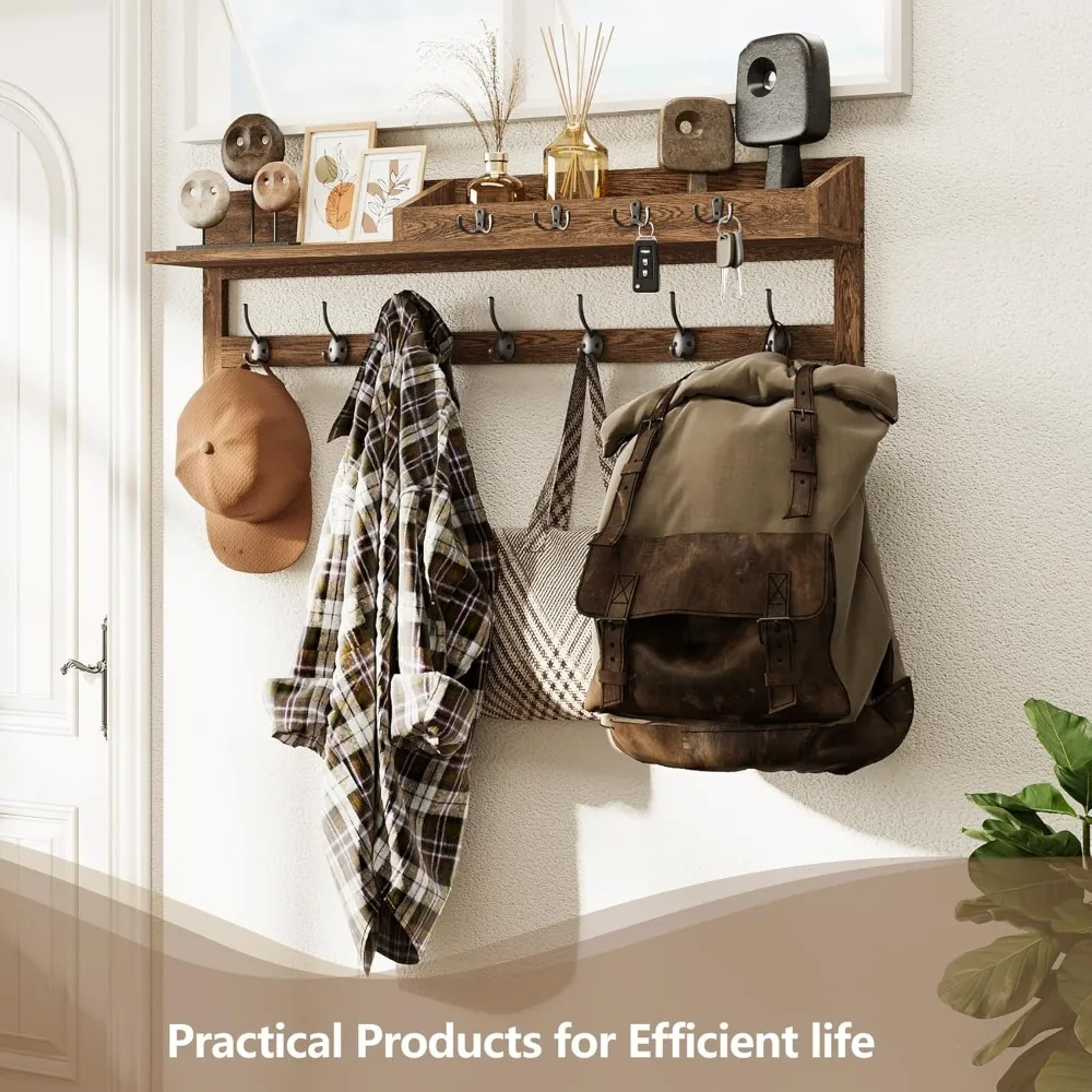 حامل معطف AMBIRD مثبت على الحائط، خطافات حائط كبيرة مقاس 35 بوصة مع رف، رف المدخل مع 7 خطافات معطف مزدوجة و4 خطافات مفاتيح لتنظيم البريد