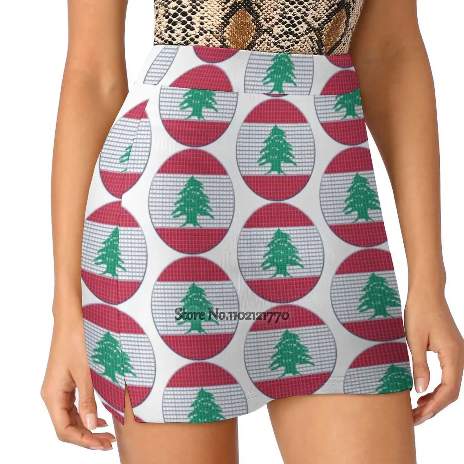 Lebanon Flag Rounded - Squares Pixel Trending Fashion Skirt Summer Printed Women Sport Skirts Double-Layer Athletic Lebanon