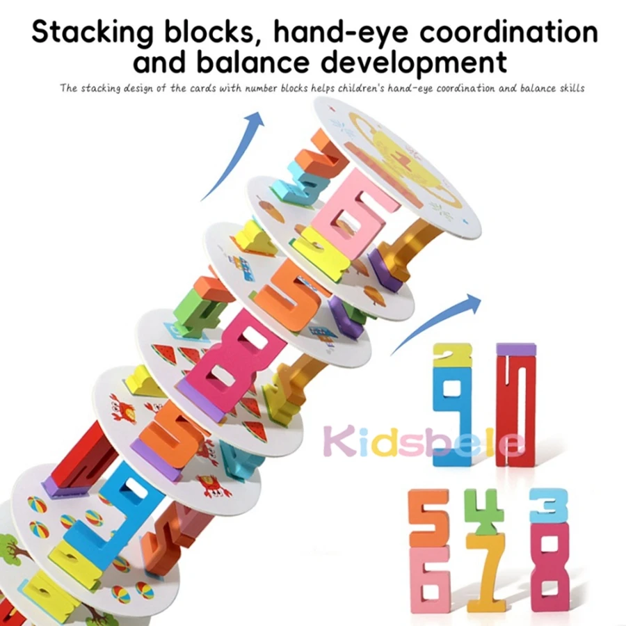 لعبة تراص برج أرقام مونتيسوري للأطفال الصغار، تعلم الرياضيات المبكرة، العد، التوازن والتنسيق بين اليد والعين