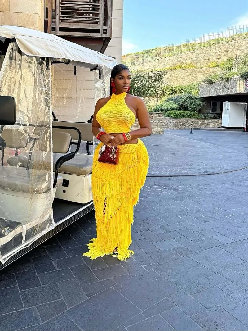 

GUWU Women's New Casual Knitted Fringe Beach Dress Sets