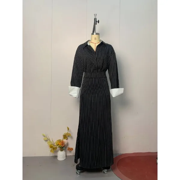 Elegant Women's Dress Sets Fall 2025 New Single Breasted Long Sleeved Shirt with Hip Wrapping Striped Long Skirt Suit Streetwear