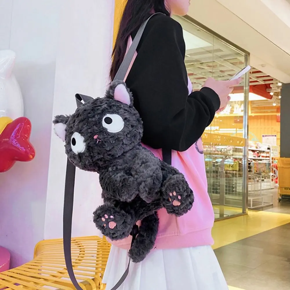 Ransel mainan kucing hitam lembut, tas bahu hewan wanita kapasitas besar boneka tas sekolah JK Lolita