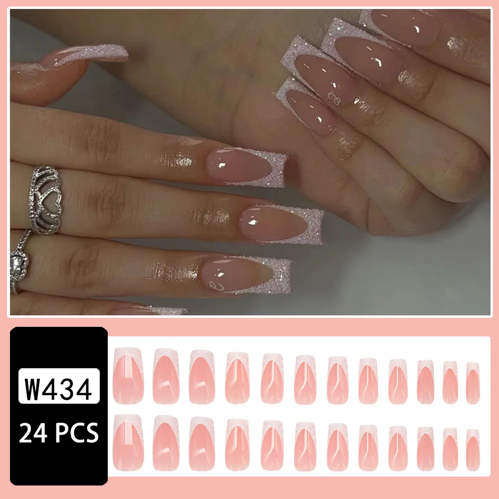 Glitter White French Tip Nails Ballerina Coffin Press on Nails Medium Long Glossy Full Cover Fake Nails Acrylic Nails Reusable