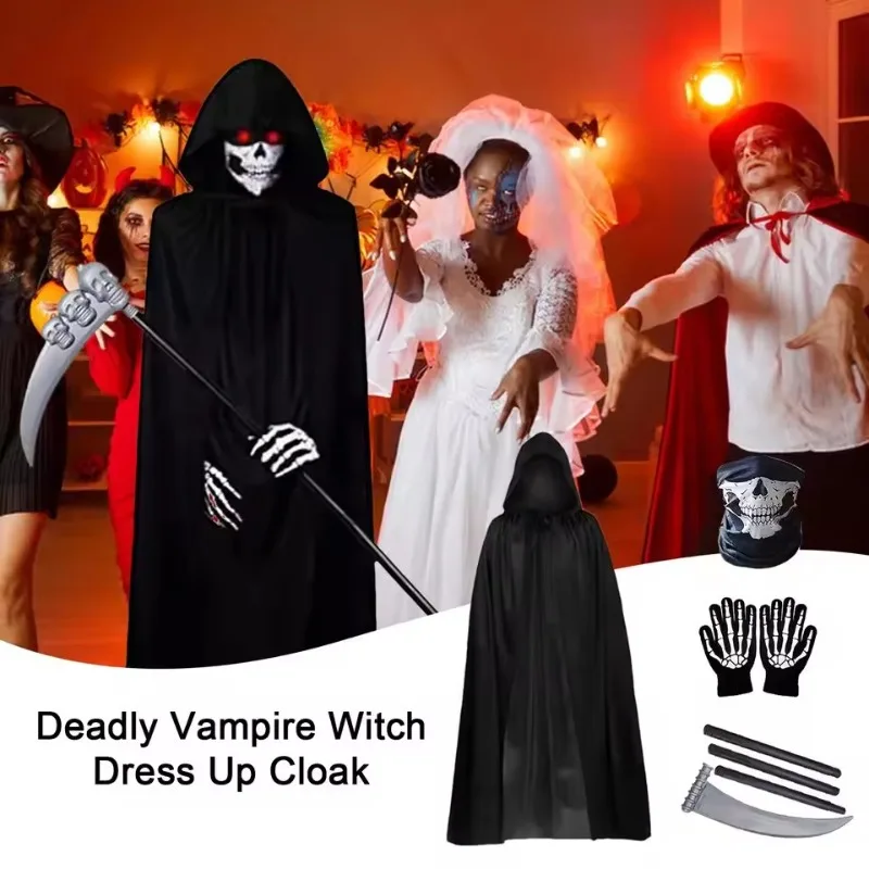 

Halloween Black Hooded Cloak: Vampire Cape with Gloves, Adjustable Unisex Robes – Full-Length Dress-Up Costumes for All