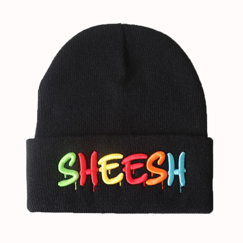 Trendy letters SHEESH 3D embroidery knitted hat, warm hood, hip-hop hat, woolen hat