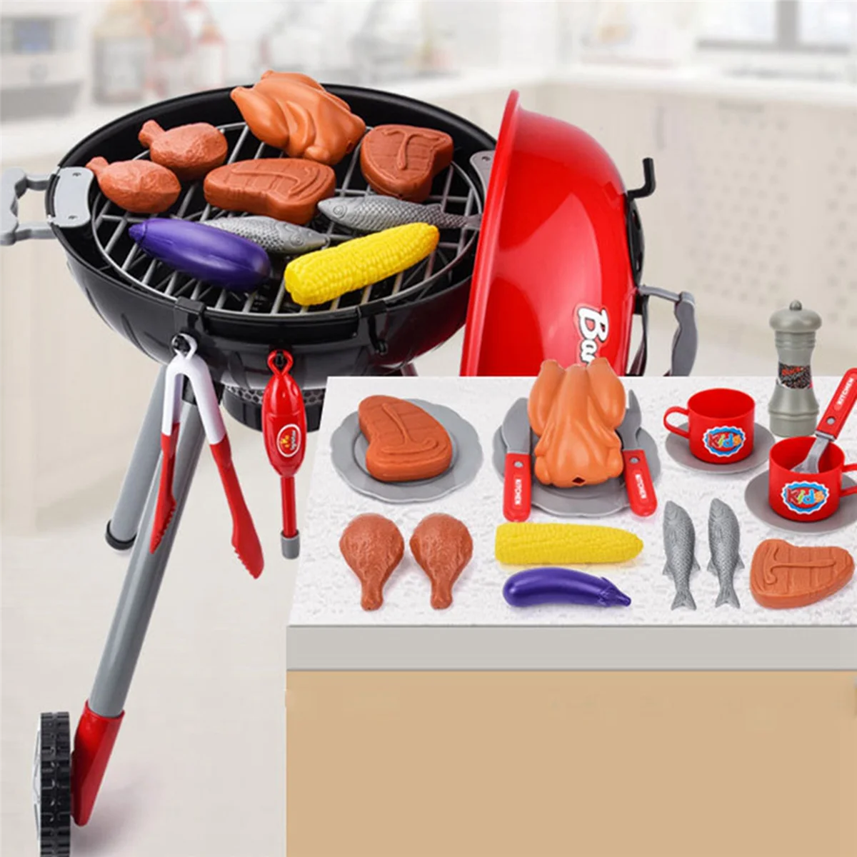 2X Sets BBQ Barbecue Grill Toy Children'S Play Role Chef Simulation BBQ Suits Kitchen Performing Gift