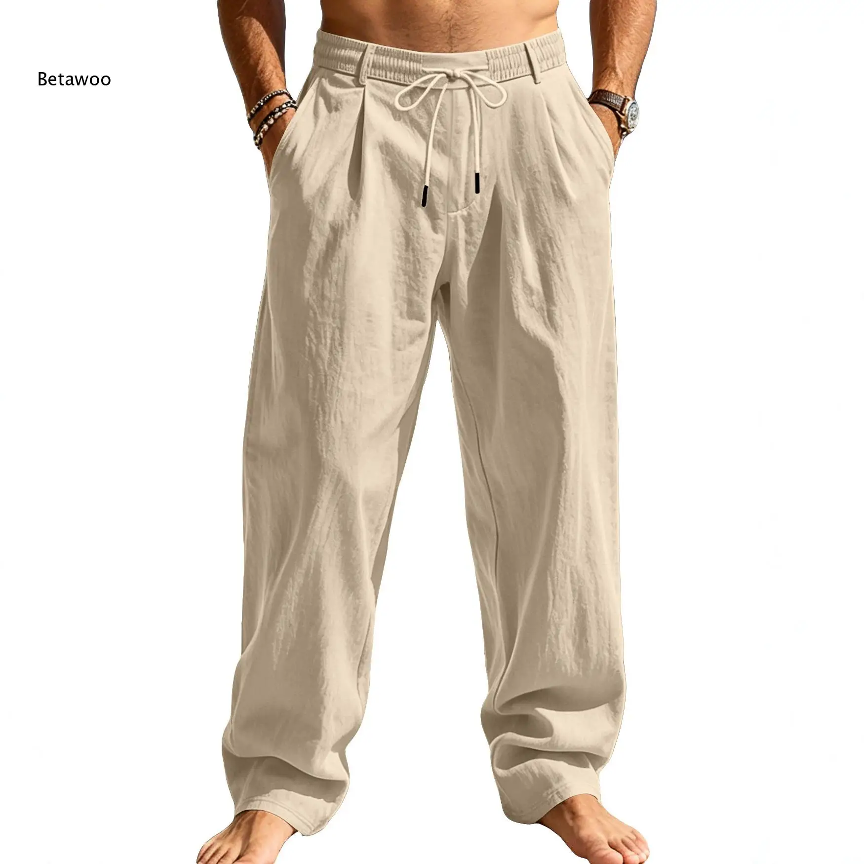 Loose Wide Leg Casual Bottoms For Men Pleated Front Elastic Drawstring Waist Solid Green Trousers For Travel And Daily Look