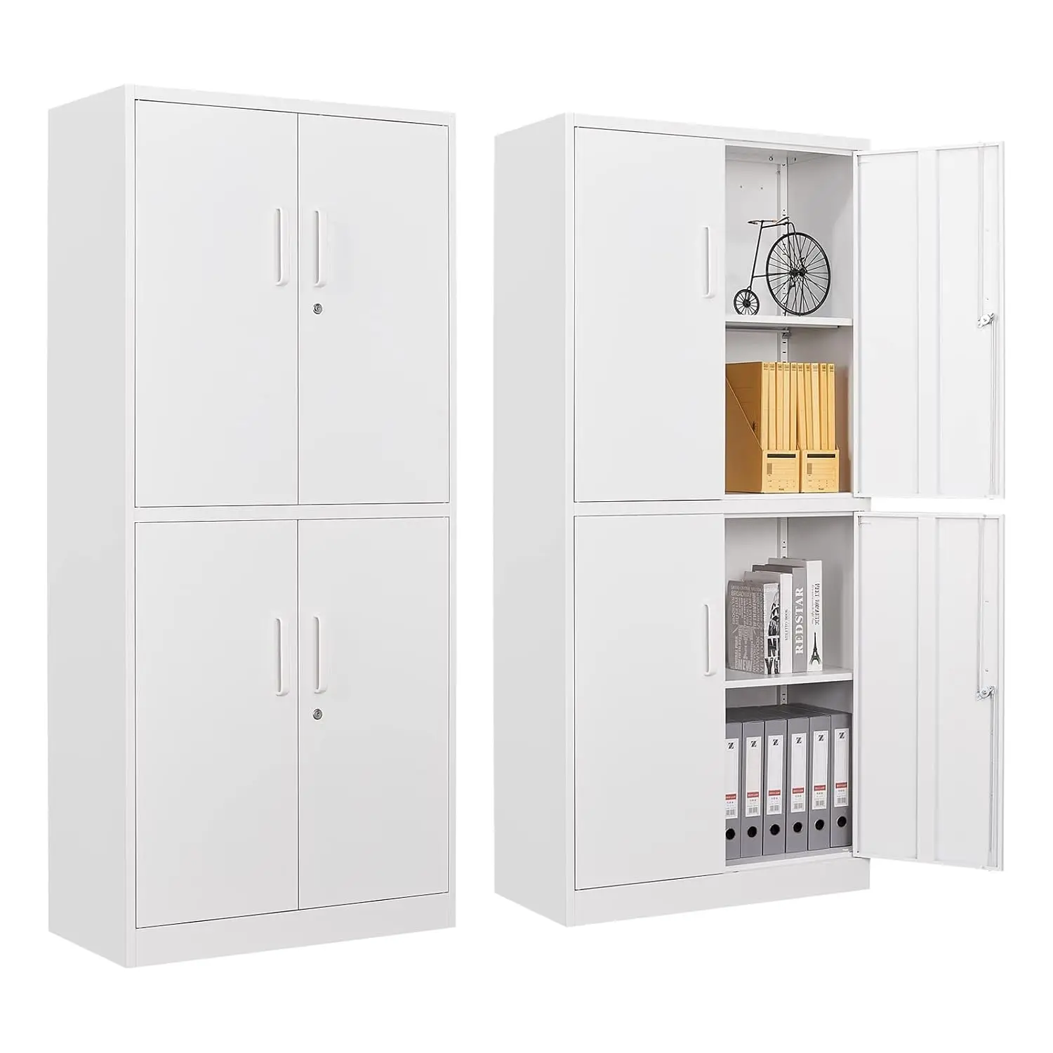 Metal Storage Cabinet Lockable 71in Steel Locker 2 Shelves 4 Doors Office Garage Home Pantry, Customized