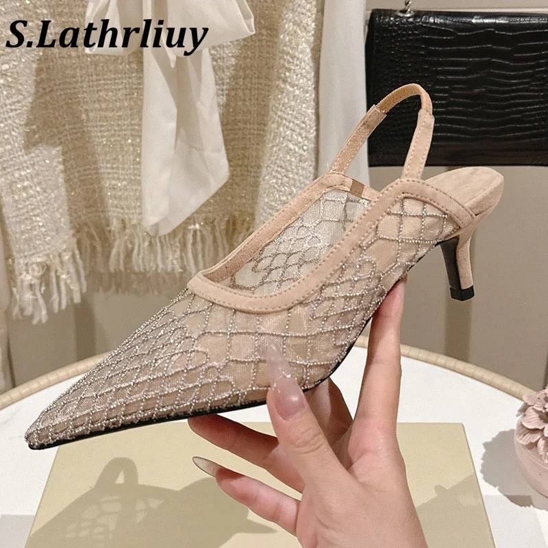 Summer new pointed open back mid heel sandals fashionable solid color office commuting flat shoes lightweight women's sandals