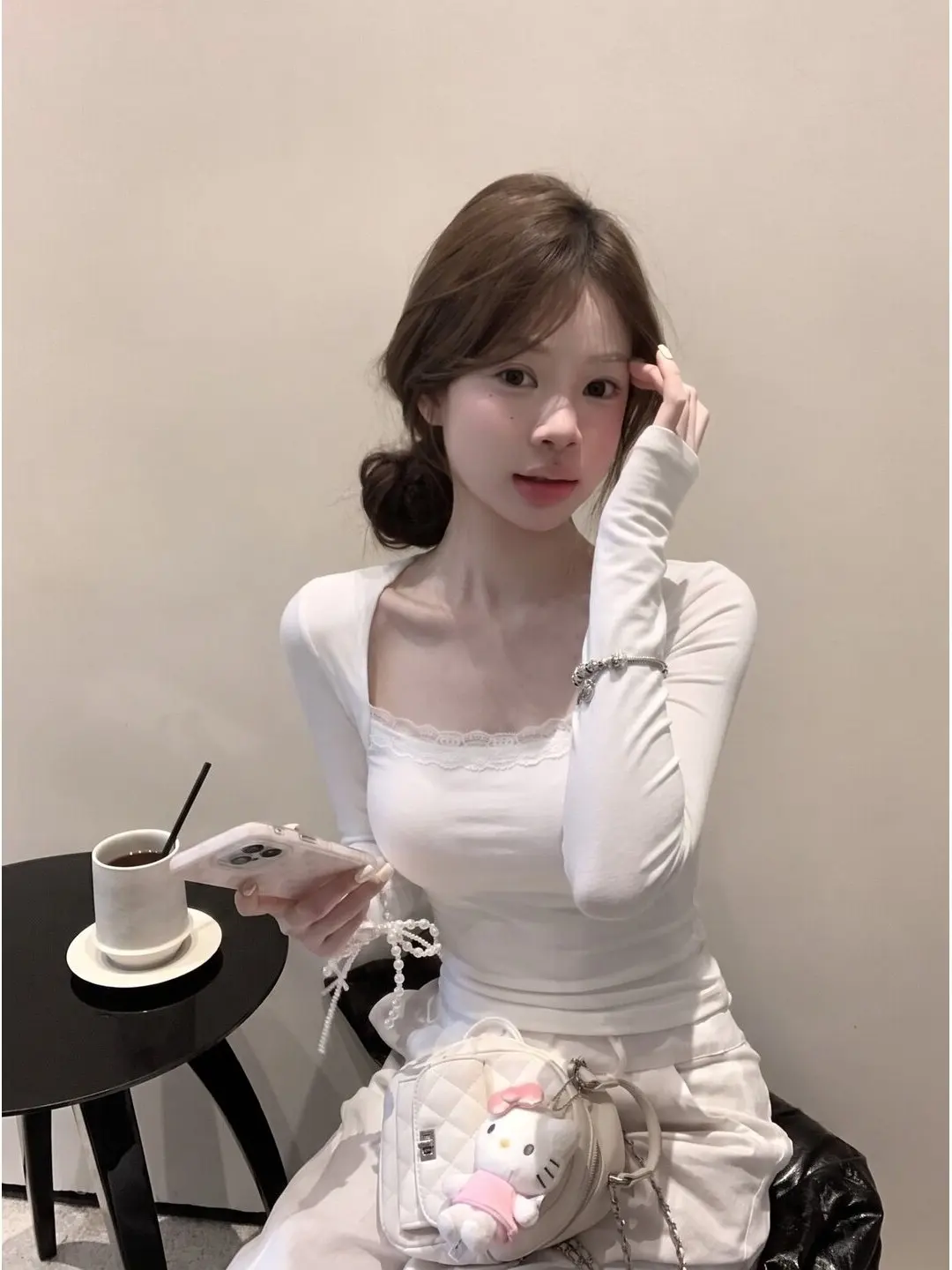 Pure Desire Sexy Lace Pilot Top Fake Two-Piece Long Sleeve Slim Fit Base Shirt T-Shirt Casual Style Universal Fit Youth Pattern