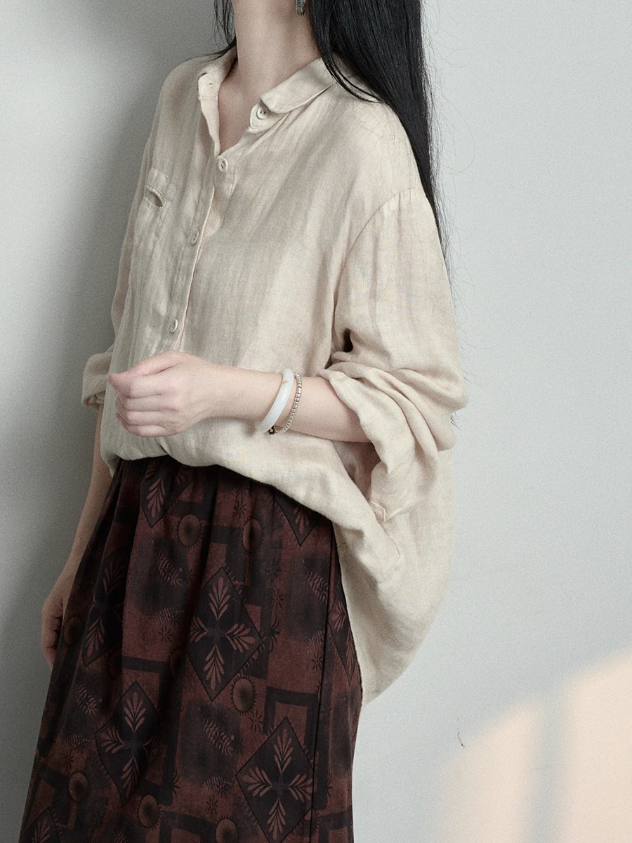 

Художественная интеллектуальная льняная рубашка: комфортная, дышащая, свободного кроя, стройнящая, цвета хаки, 033008, женская, весенняя, модная, повседневная рубашка