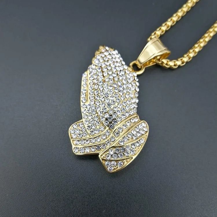hip hop 316L Stainless Steel Men Gold color prayer hand pendant necklace full zircon with 60cm cuban link chain women jewelry