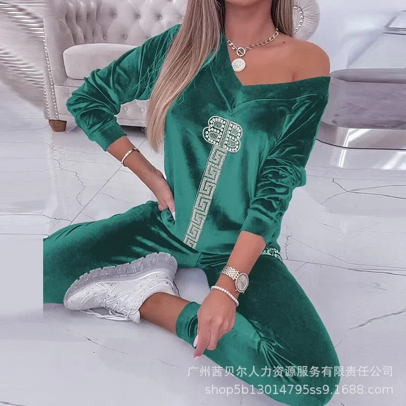 Elegant Women Velvet Two Piece Set Homewear Tracksuit Long Sleeve V Neck Shirt Top Skinny Pants Pajamas Suit Loungewear Outfits