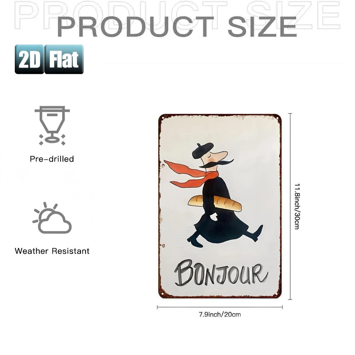"Bonjour: A Whimsical French Gentleman with a Baguette", Metal  Sign, Decoratve Paintings/Room/Restaurant/Bar/Door/Garage Decor view 4