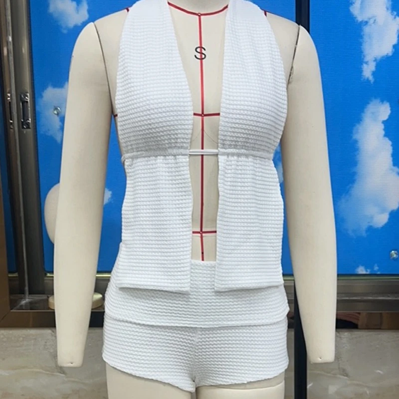 

Collection Women's Summer Knit 2Pcs Outfits Solid Color Open Front Halter Tank Tops + Low Waist Ruched Shorts Set Streetwear