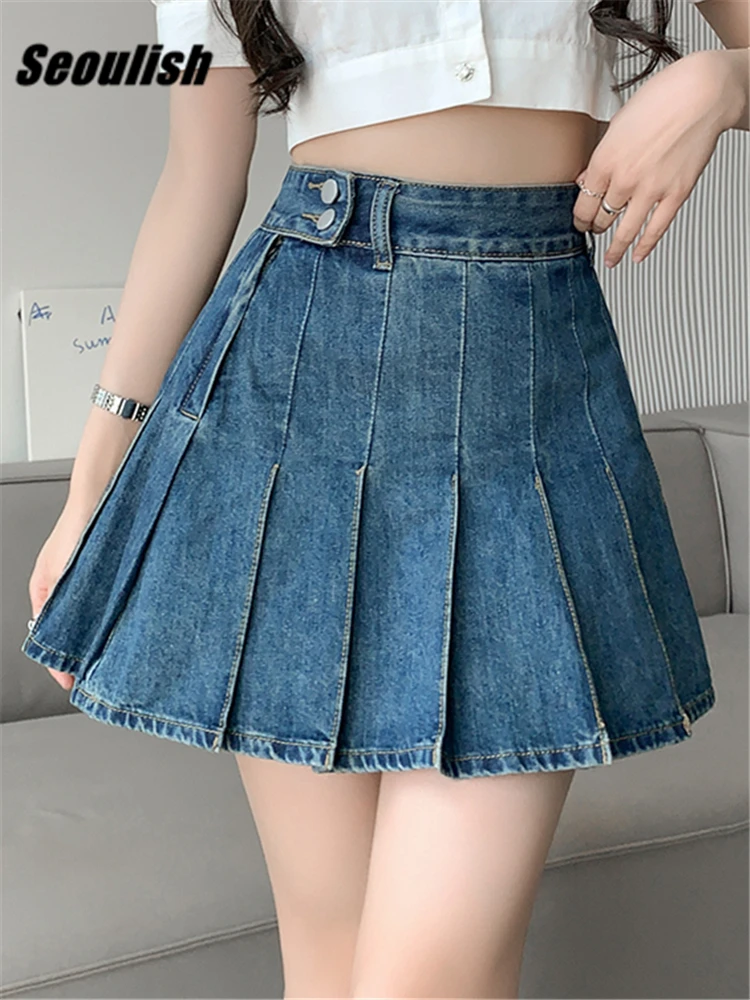 Seoulish High Waist Irregular Women's Denim Pleated A-Line Skirts Spring Summer Vintage Jeans Skater Mini Skirt Female 2023 New