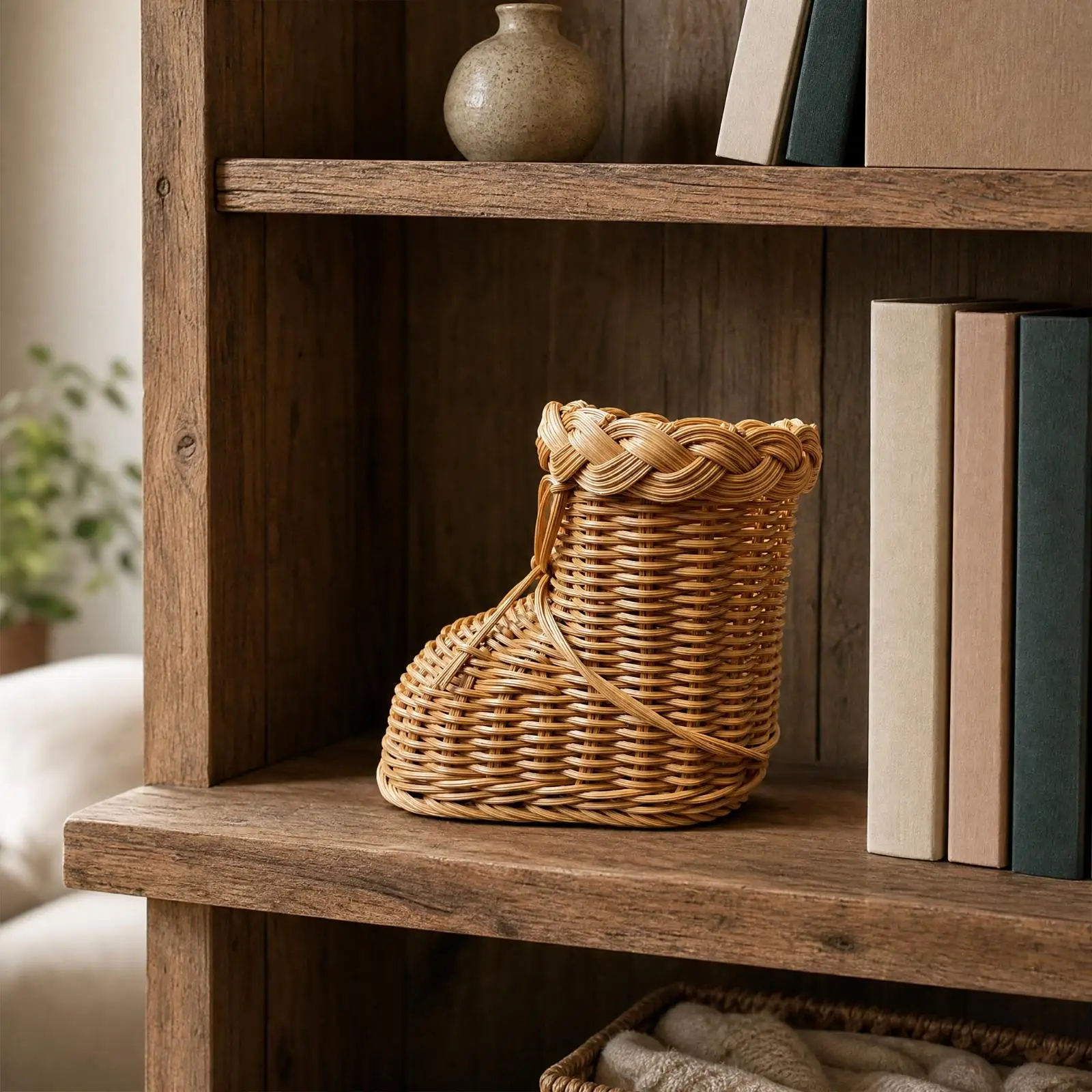 Small Wicker Basket Boot Shape Decorative Storage for Seasonal Decor Craft Holder Plastic