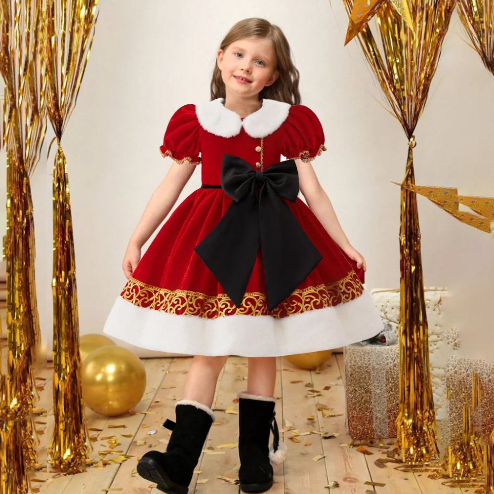 Young Girls Vintage Red Christmas Party Dress Kids Winter Santa Claus Gift Girl Big Bow Christening Clothes Children New Costume