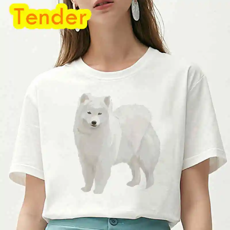 Kawaii Samojeden Hund T Shirt O Neck Frauen Sommer Kurzarm T-shirt Lustige Tier Hunde T-shirt Weibliche Harajuku Frau kleidung