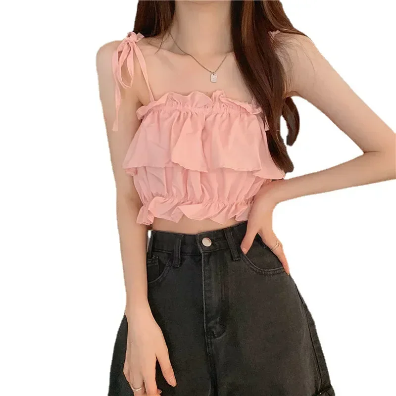 بلوزة نسائية بحافة مكشكشة ، خصر مرتفع ، حمالة صدر بدون أكمام ، توب بحزام السرة مفتوح ، صيف ، جديد ،