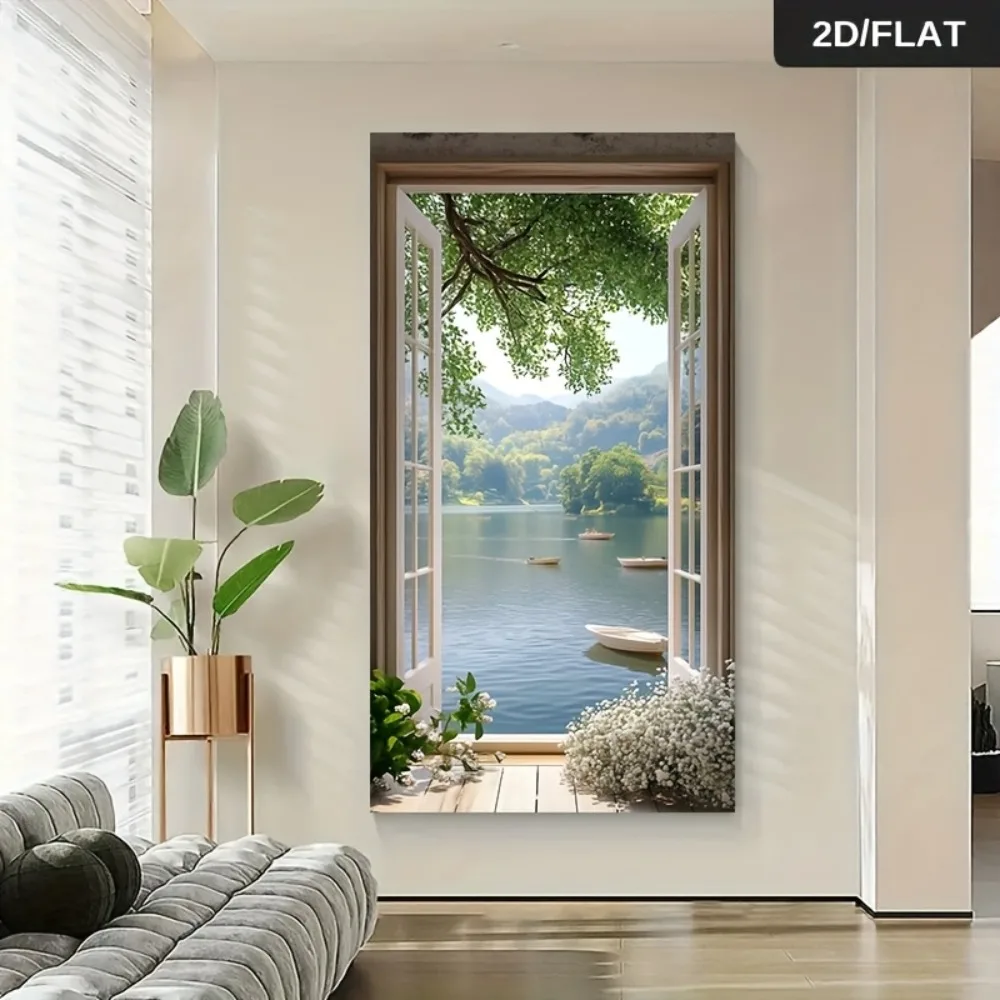 1PCS Frameless Modern Abstract Canvas Wall Art Piece - Tranquil Park Landscape Window View Poster Living Room Decoration