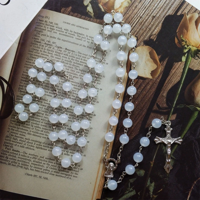 Acrylic White Luminous for Cross Rosary Necklace Holy Jewelry for Birthday Wedding Festival Party Decoration