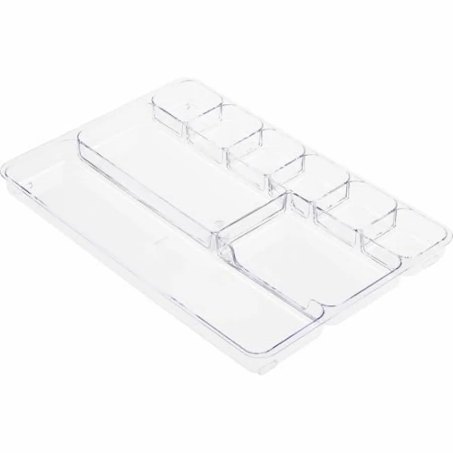 

Drawer Tray Organizer, 9-Compartments, 9.38" x 14" x 1.25", Plastic, Clear