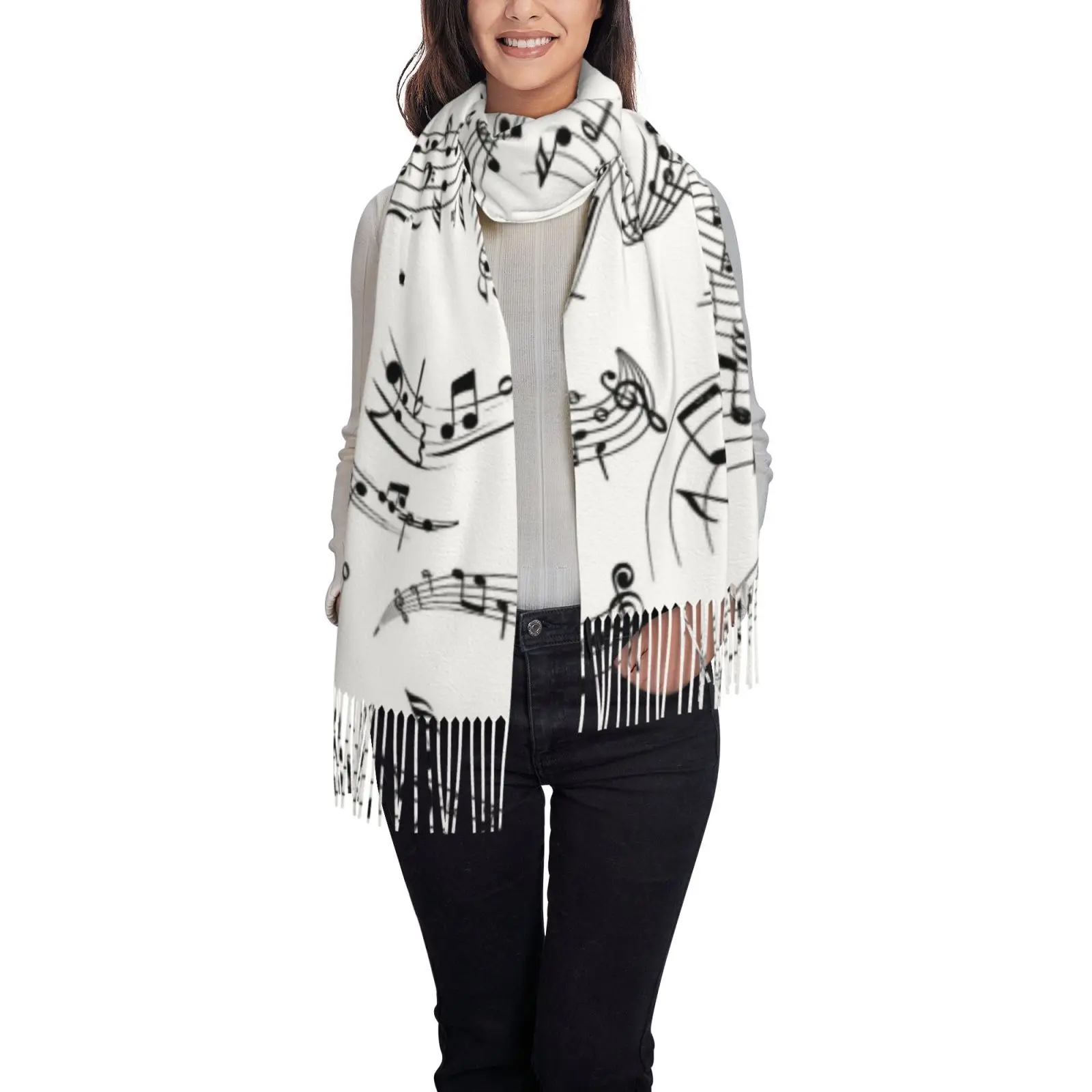 Women Music Note Print Shawl Scarf, White Black Tassel Large Wrap, Soft Fashion Ladies Casual Cape Scarves