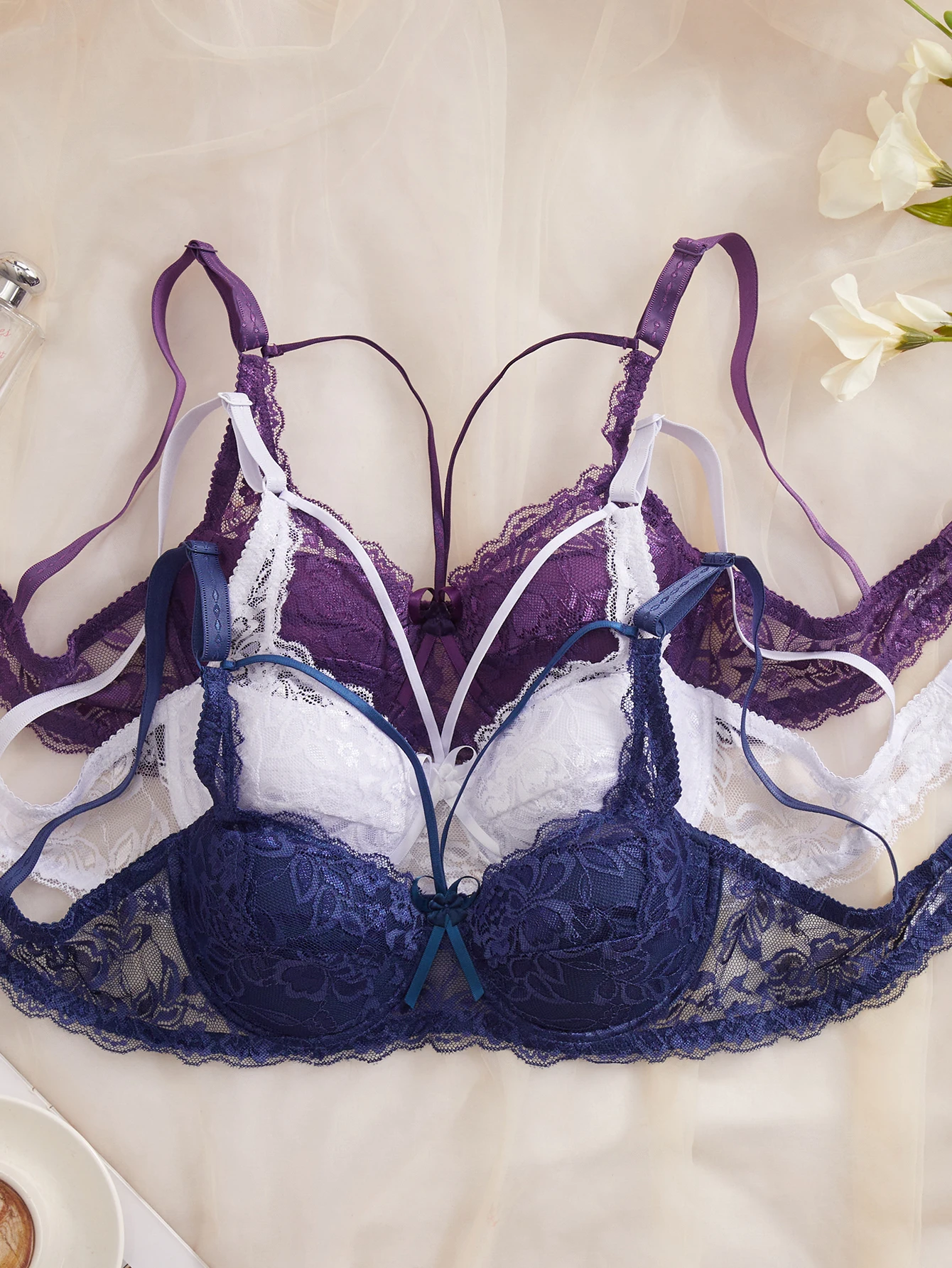 

3PCS Lace Women's Underwear Set Sexy Mesh Lace Push-Up Bra Stylish Comfy Underwire Lingerie Bra for Women