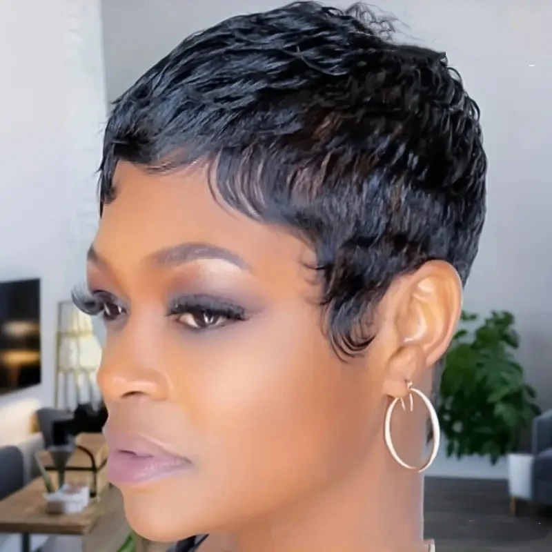 Short Pixie Cut Human Hair Wigs Natural Black Brazilian Remy Hair Wig Human Hair Machine Made Wig