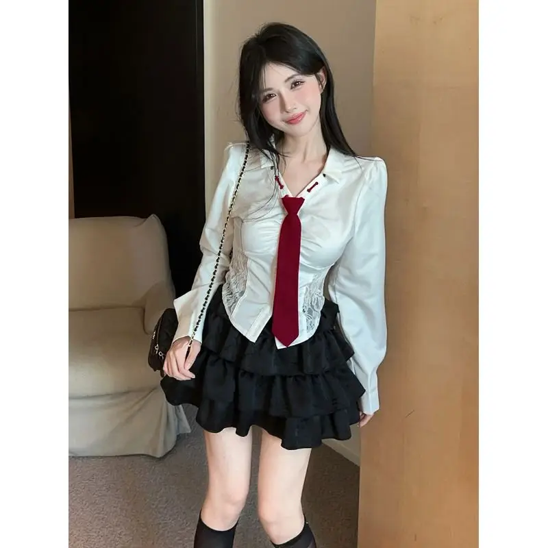 Women Spring Summer Sexy Lace Patchwork Solid Color Long Sleeve Shirts Ladies Sweet Preppy Style All-match Appear Thin Tops