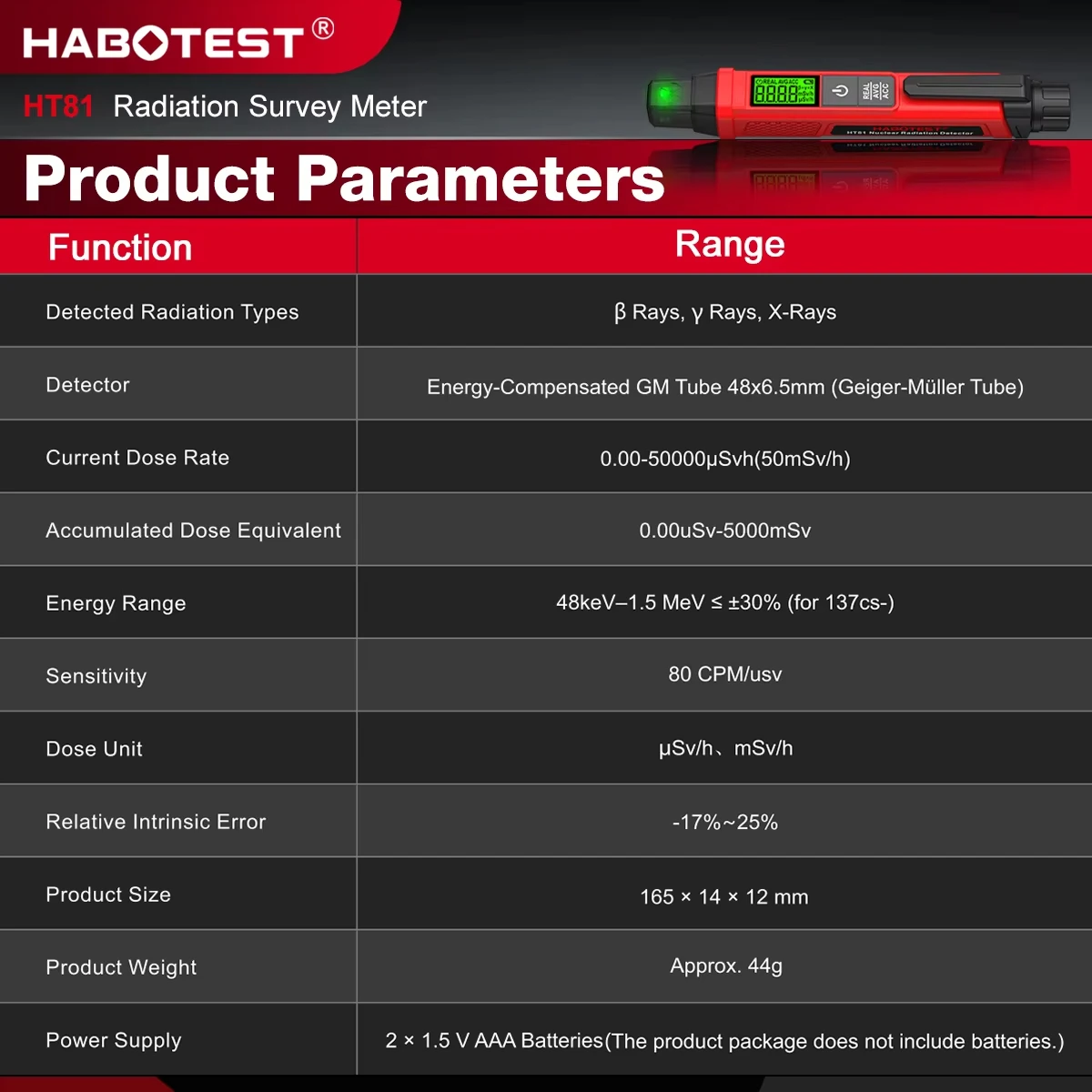 HABOTEST HT81 Детектор ядерного излучения Ручка Портативный счетчик Гейгера Дозиметр для тестирования серанины, руды, драгоценных камней