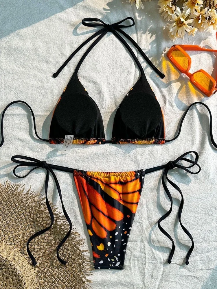 Biquíni feminino maiô 2026 novo padrão de borboleta halter biquinis conjunto sexy rendas até banho verão beach wear maiô feminino