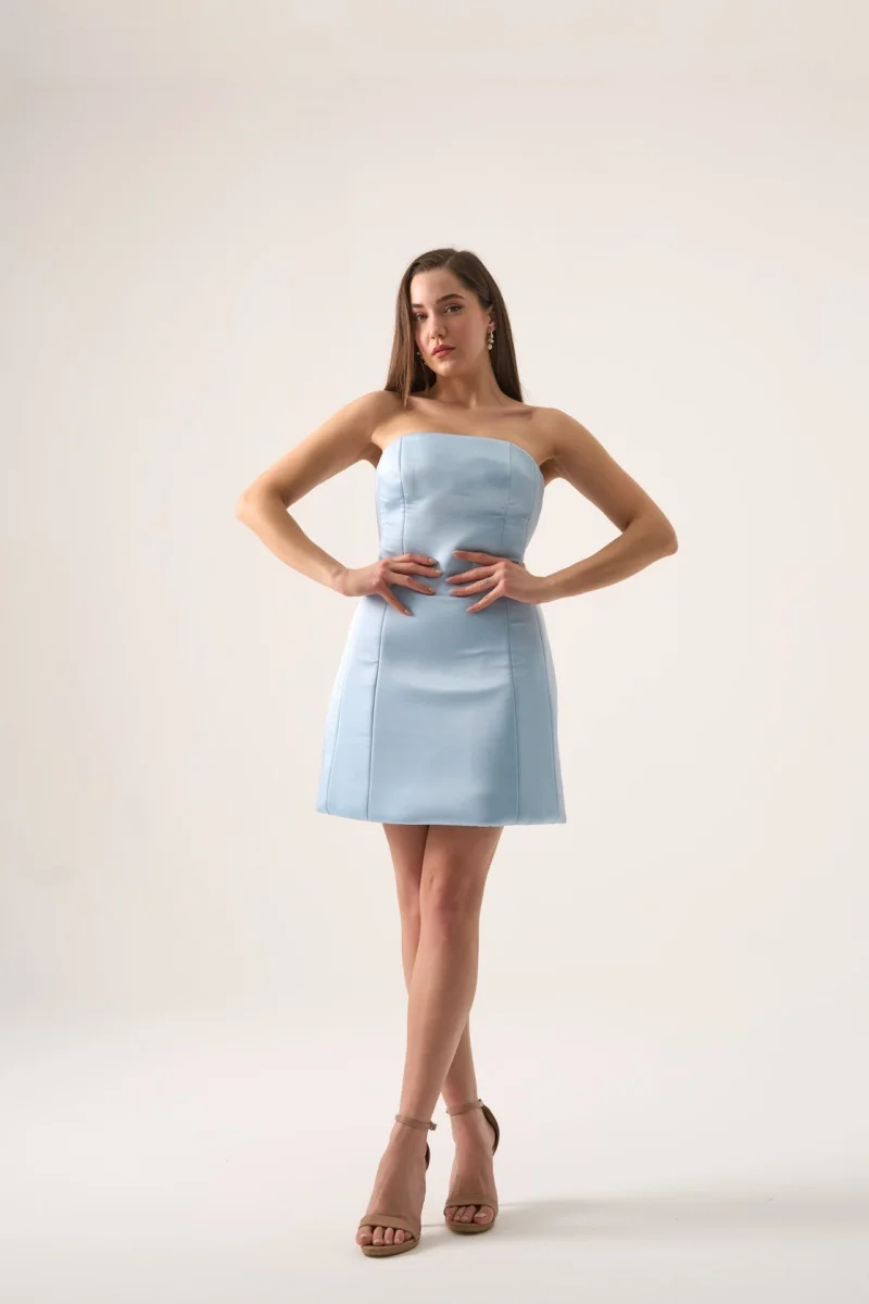 Pastel Light Blue Mini Dress Strapless Bandeau Style Premium Smooth Satin Fabric Tailored Fitted Silhouette Events Customized
