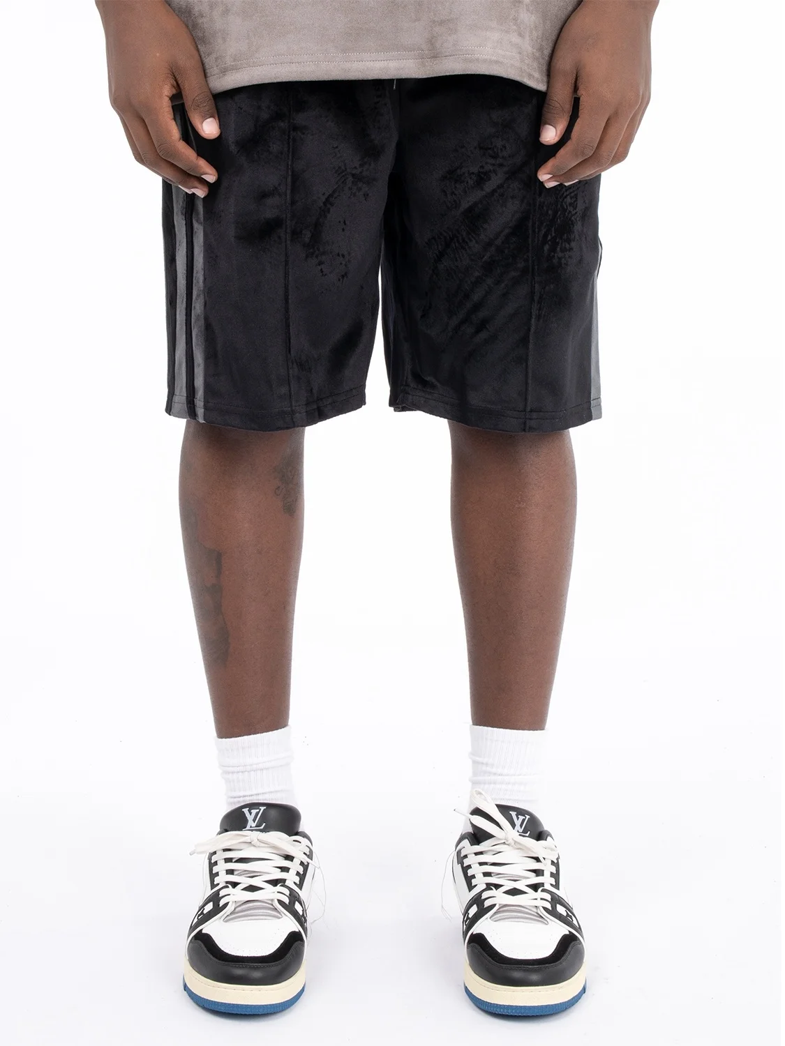 

MT99 Trendy Velvet orts Side Stripe Casual Pure Color Street Sle Loose Straight Leg Summer American Hip Hop Pants