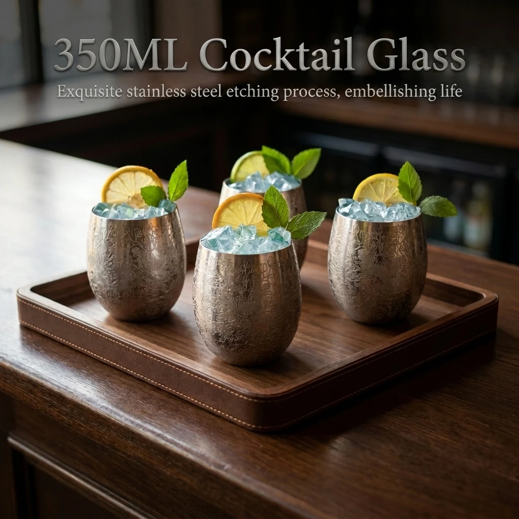 4PCS Silver 350ML Stainless Steel Cocktail Glasses Luxury 304 Flower Etching Etching Mug Mugs For Bar Party Wedding Outdoor Home