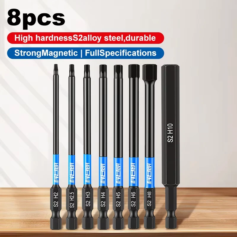 8PCS 100mm Magnetic Hex Bit Set H2-H10mm 1/4